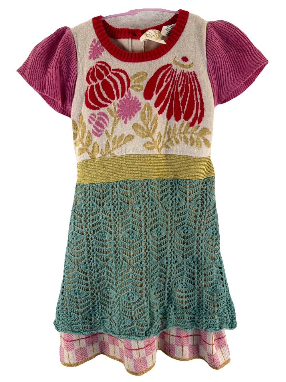 Lia Molly Anthropologie Baby Boho Sweater Dress 18-24 Months Floral Kidcore Gold